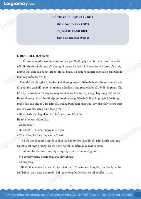 Đề thi giữa kì 1 Văn 8 Cánh diều - Đề số 3